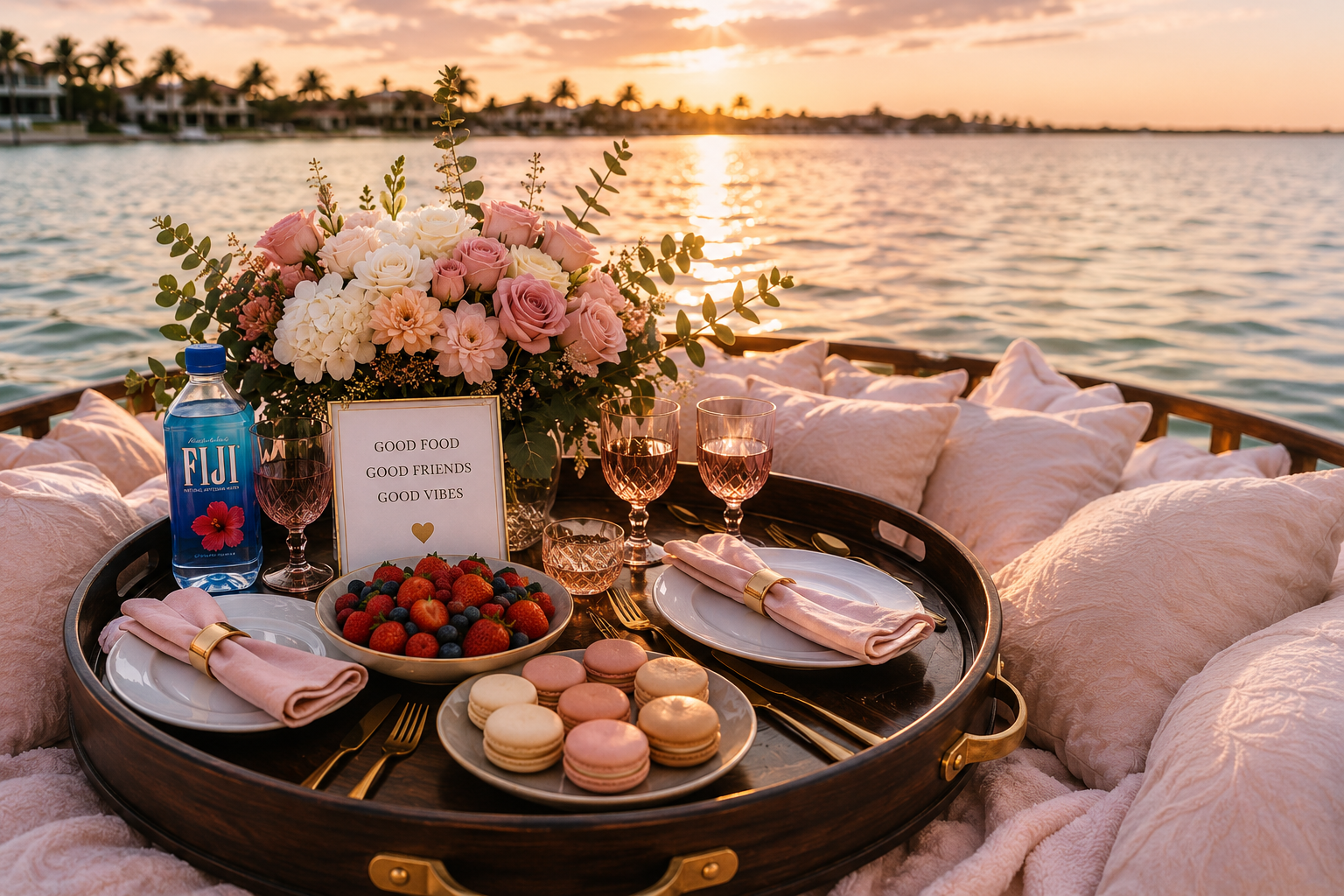 Floating brunch tray setup at sunset